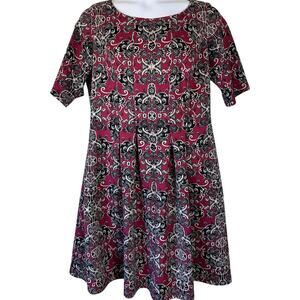 Melonie Pink Black Damask Dress Sz 16 W Short Sleeve Pleated Rococo Baroque